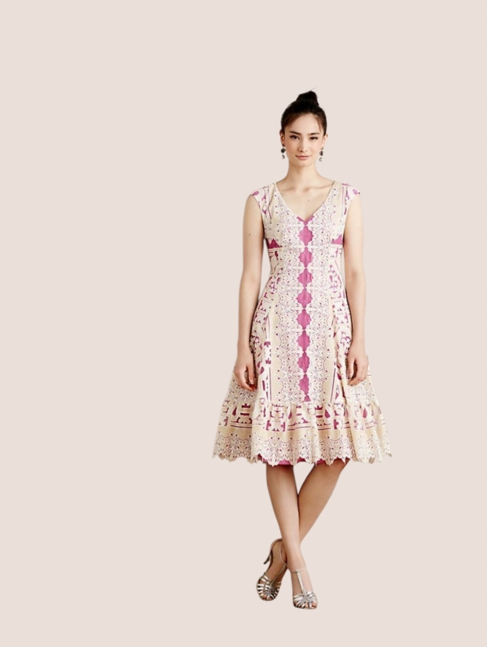 Anthro Moulinette Soeurs Pink and Cream Lace-Inset Midi Dress Versailles - Picture 2 of 13